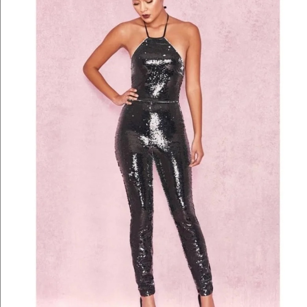 House of Cb ‘Reia’ Black Sheer & Sequin Halter Jumpsuit NWT - Picture 3 of 9